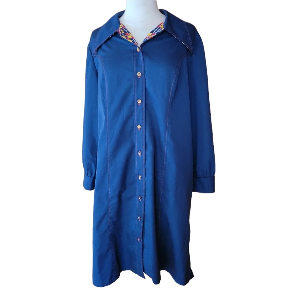 1970s Navy & Multi-Color Trim Shirt Dress